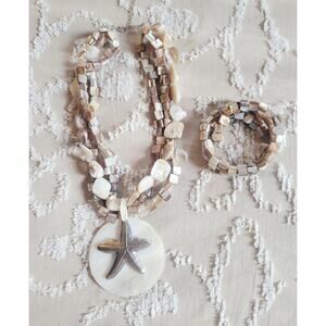 2 Pc Ivory Beige Shell Starfish Necklace (16") & Bracelet (16")